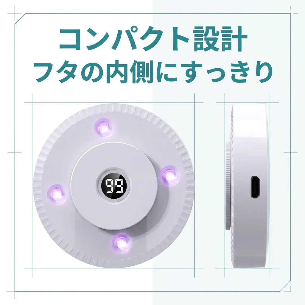 円形のUVCライト本体を正面と側面から示したコンパクト設計の説明図