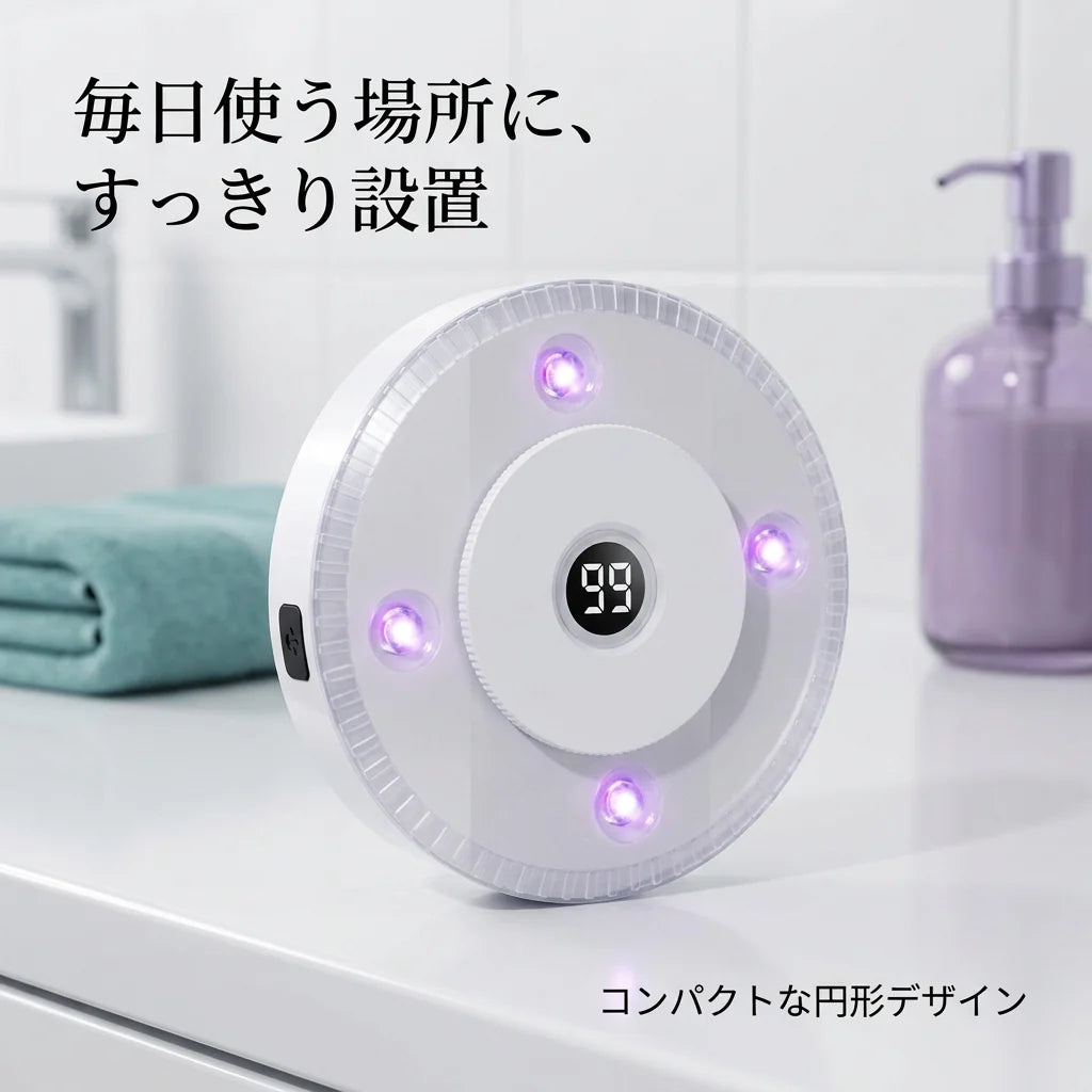 洗面台に置いたホワイトの円形UVC除菌ライト本体