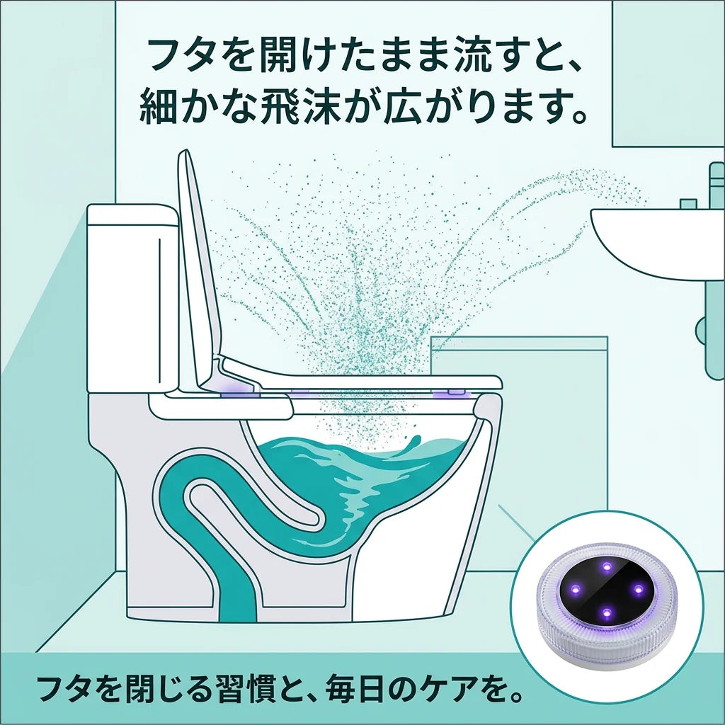 フタを開けたまま流すと見えない飛沫が舞い上がることを示した断面図イラスト